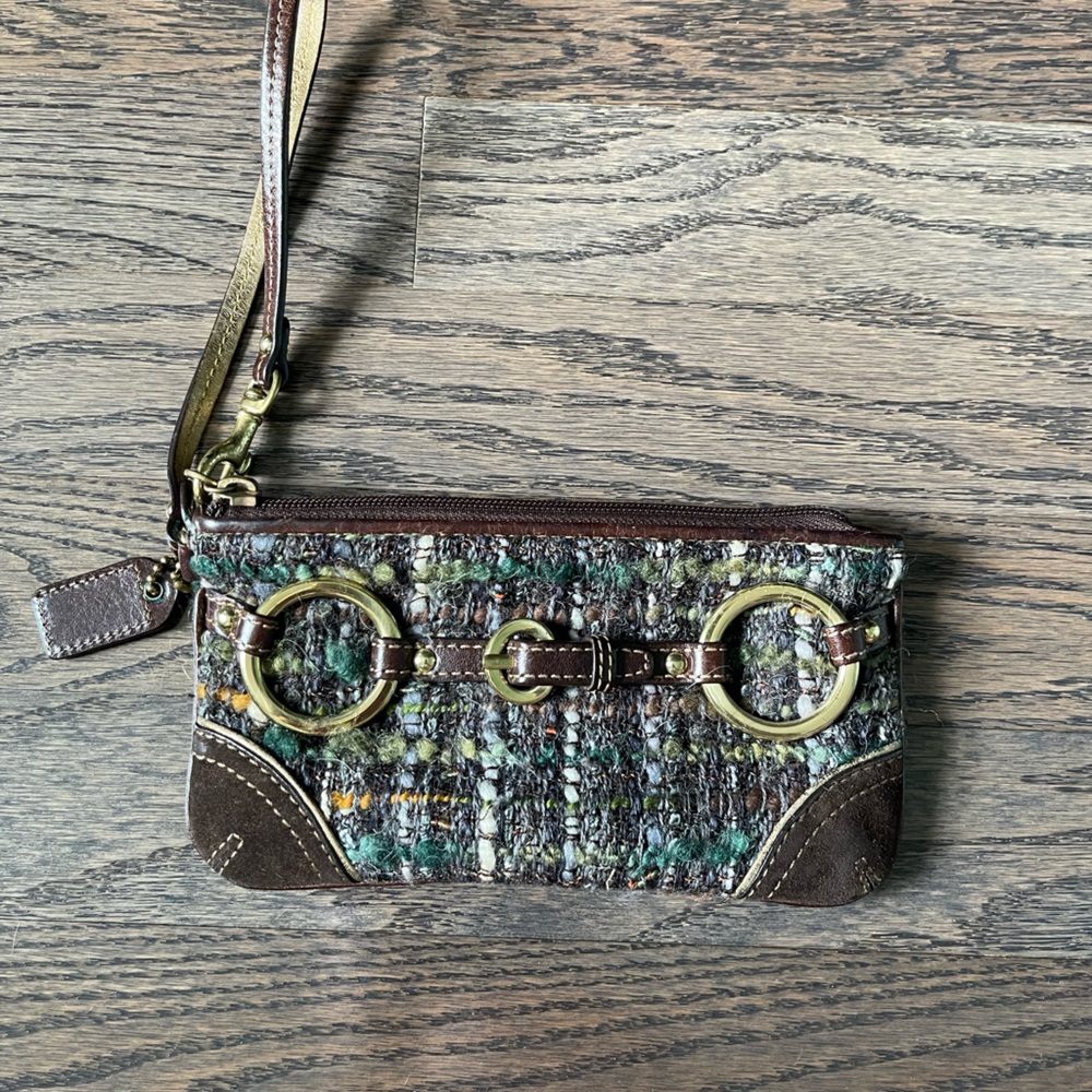 Coach large boucle fabric wristlet with suede trim in excellent condition